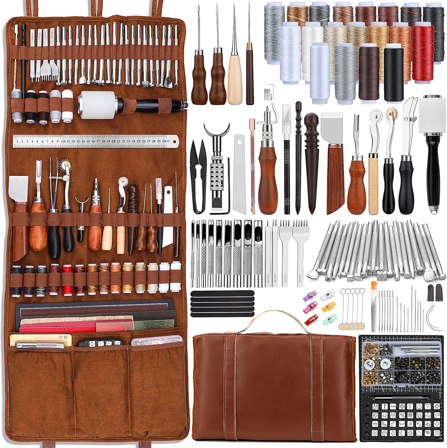 Leatherwork Tool Kit - Lederbearbeitungs-Set mit Werkzeugen für Lederhandwerk, Schneidematten,