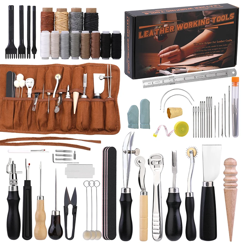 Leatherwork Tool Kit - KRABALL Professionelles Lederhandwerk-Werkzeugset, Handnähen, Reparaturset, Wachsfaden,